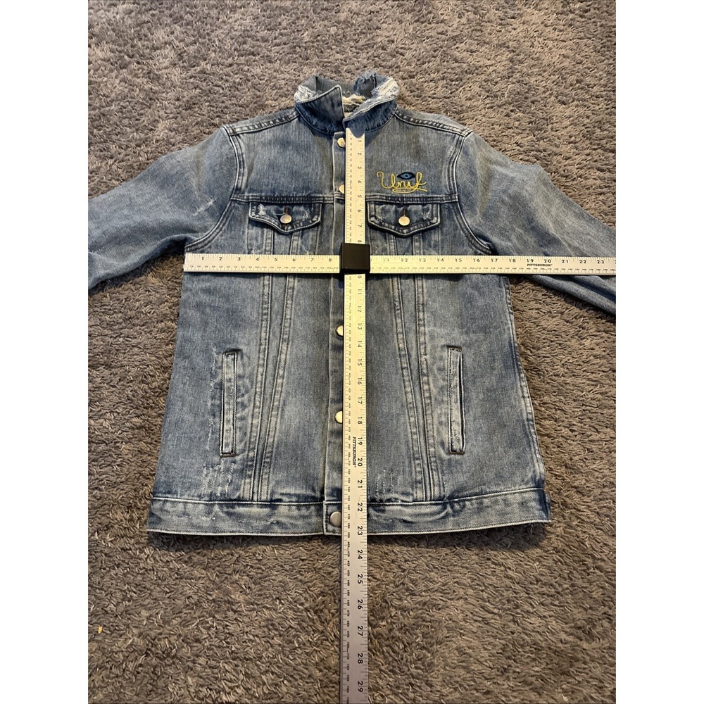 UNIF Outsider Denim Jacket Distressed Rose F*ck Embroidered Size S Small - Picture 9 of 12
